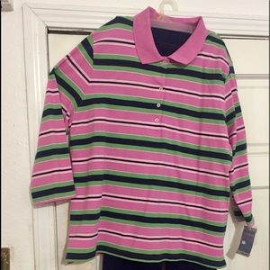 Navy,pink,green striped polo NEW pique cotton top.